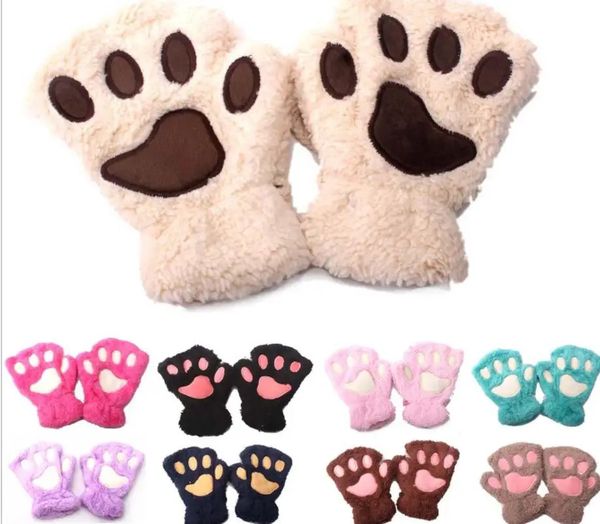 Luvas de cinco dedos 120 pares / lote inverno quente criança criança urso fofo / gato pata de pelúcia / luva de garra macia toalha meninas luvas meio cobertas 231118