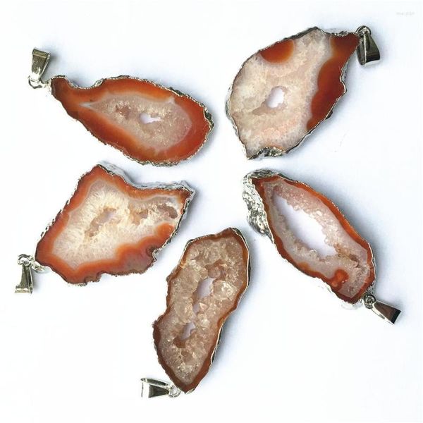 Collane con ciondolo Pietra naturale Brasiliana Elettroplaccata Fetta con bordi aperti Arancione Agata rossa Geode Drusy Druzys Collana Creazione di gioielli 5 pezzi