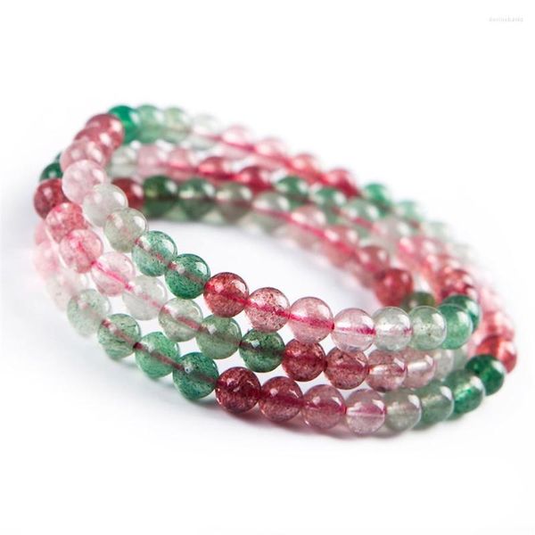 Braccialetto tre volte elastico con perline rotonde in cristallo di quarzo fragola rosso verde naturale 6 mm