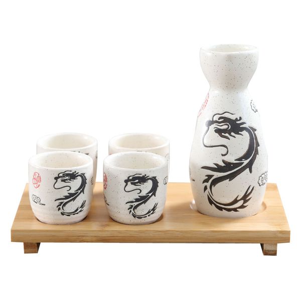 Sparkled Cream Majestic Dragon Sake Drinkware para quatro com jarro de vinho de cerâmica japonês 4 xícaras de bandeja de bambu