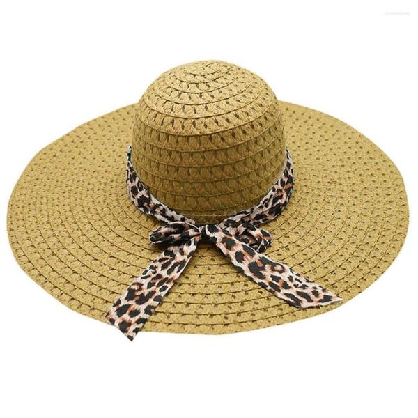 Berretti JAYCOSIN Donna Stampa leopardata Grande cappello di paglia Berretto estivo Floppy Uv Proteggi Tesa larga pieghevole Ragazze da spiaggia