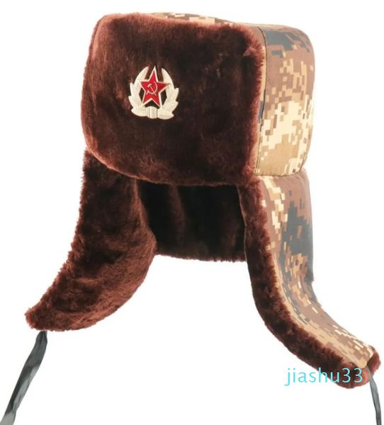 Männer Armee Trapper Hut Russische Uschanka Sowjetische Abzeichen Bomber Hüte Winter Earflap Cap Thermische Kunstpelz Schnee Kappen