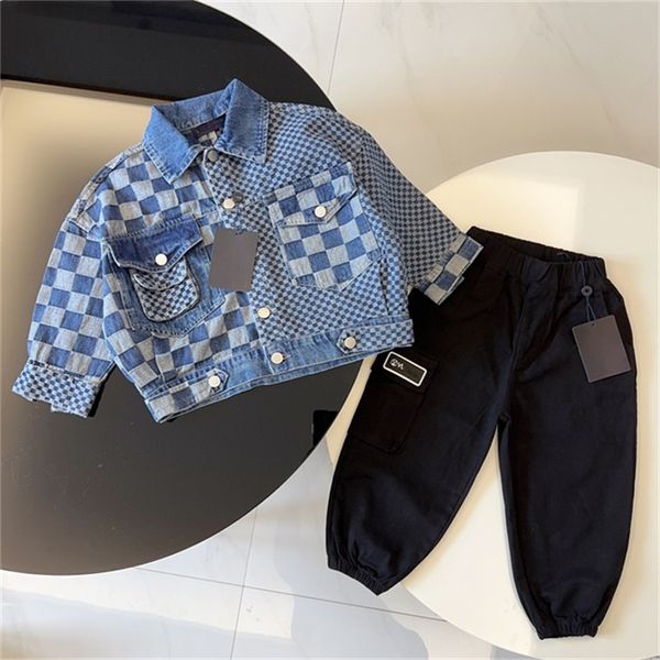 Jaqueta jeans clássica de manga comprida + calças de trabalho novo masculino e feminino bebê xadrez marca de lazer infantil tamanho 90-150cm g3