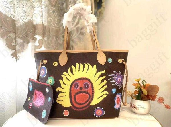 Womens Designer YK Face Print Yayoi Kusama louiseits Borsa in pelle con ricamo facce gioiose viutonits Tote energia ottimista Borsa a portafoglio M46426