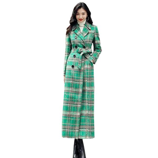 Misto lana da donna Donna Autunno Inverno Trench coat in lana scozzese verde Cappotti di fascia alta Eleganti signore Aggiungi taglia Lungo F219Donna