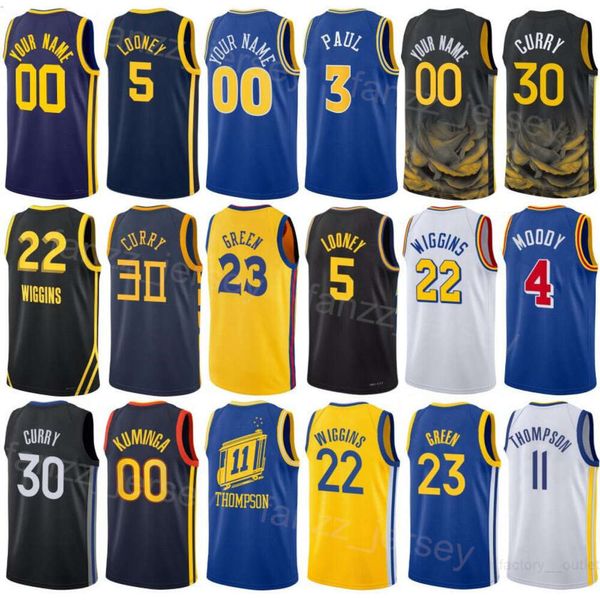 Maglie stampate di Basketball City Stephen Curry 30 Chris Paul 3 Klay Thompson 11 Draymond Green 23 Kevon Looney 5 Andrew Wiggins 22 Nome personalizzato Numero Squadra Uomo Donna