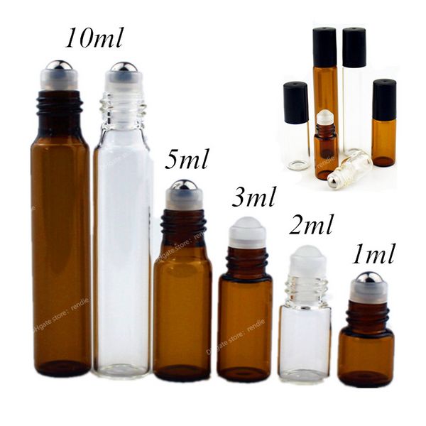 5 Unidades / pacote 1ml 2ml 3ml 5ml 10ml Rolo de vidro fino âmbar em frasco para teste de amostra Frascos de óleo essencial com rolo de metal / bola de vidro Garrafas recarregáveis AcessóriosRecarregáveis