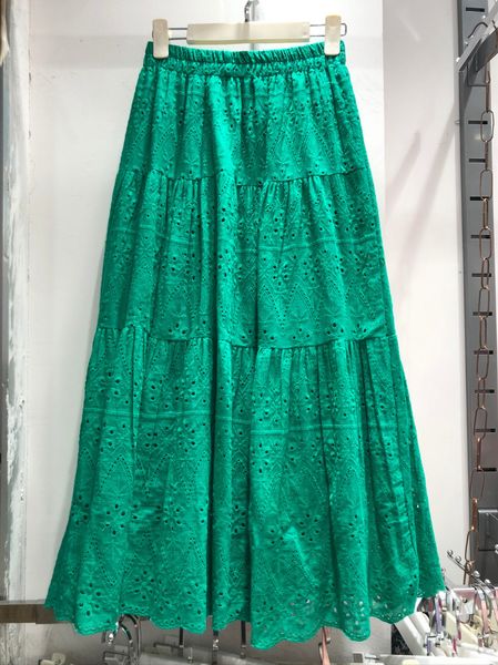 Saias da primavera de renda bordada saia de algodão A-line Cakee Long Skirt 230418