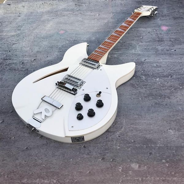 Custom 330 360 12 cuerdas Guitarra eléctrica de cuerpo semi hueco blanco Barniz brillante Diapasón de palisandro Incrustación triangular 5 Konbs, dos conectores de salida, golpeador blanco