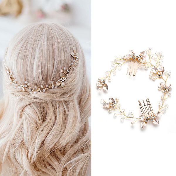 Accessori per capelli con fascia per capelli con pettine a foglia di perle per donna Accessori per capelli con tiara Accessori da sposa Fascia sulla testa Gioielli di modaAccessori da sposa gioielli per capelli