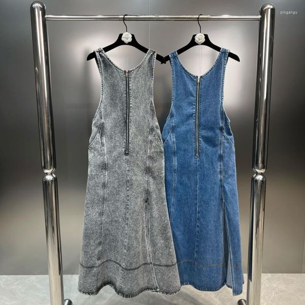 Vestidos casuais Borvemays 2023 Primavera no verão Moda de moda sem mangas cor sólida cora -cintura alta vestido jeans sem costas Mulheres wz769