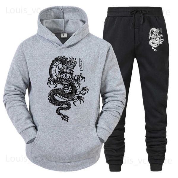 Männer Trainingsanzüge Männer Trainingsanzug Set Hoodie + Hose 2022 Frühling Winter Drachen Druck Casual Fleece Sweatshirt Sportwear Homme Streetwear Männer kleidung T231118