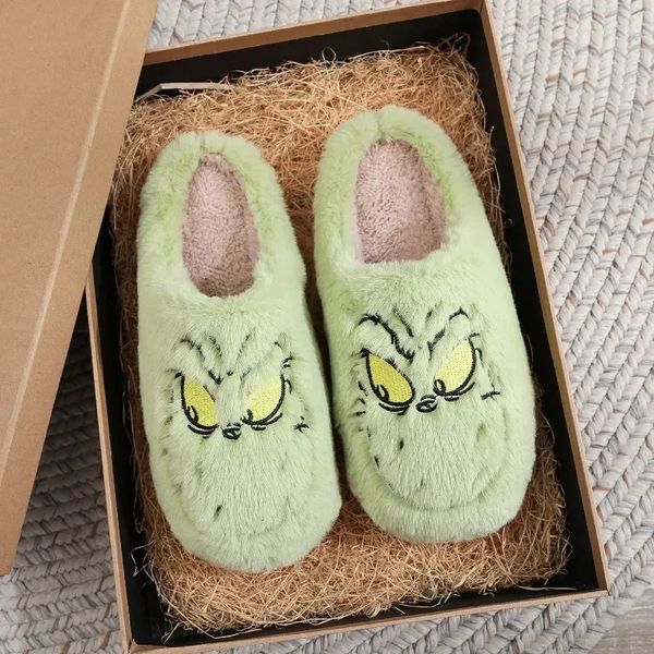 Pantofole Natale Peluche Pantofola Inverno Caldo Carino Casa Mostro dai capelli verdi Divertente Antiscivolo Scarpe in cotone Anno regalo 231117