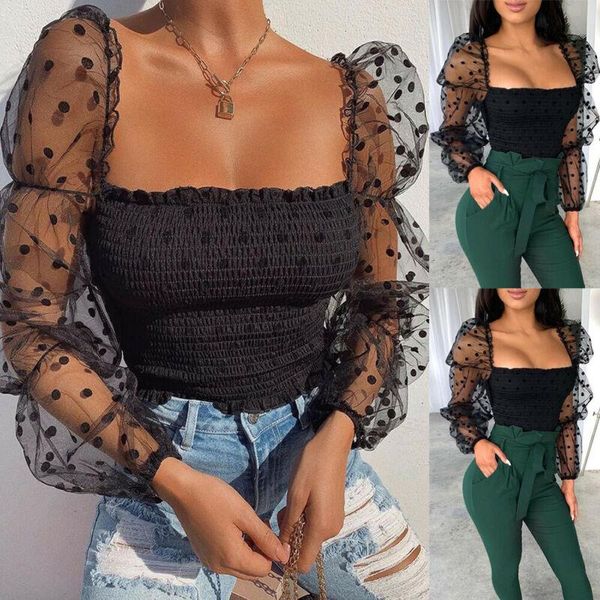 Damenblusen Shirts Frauen Polka Dot Bluse Mesh Durchsichtige Plissee Lange Puffärmel Tops Transparent Cropped Casual Female Blusa