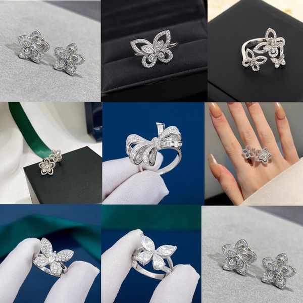 GRAFFS com caixa Mulheres Anel de Casamento Brinco Designer Forma de Borboleta Jóias 925 Prata Esterlina Clássico Diamantes Brancos Tamanho 6-8cm Anéis Casal Presentes de Natal