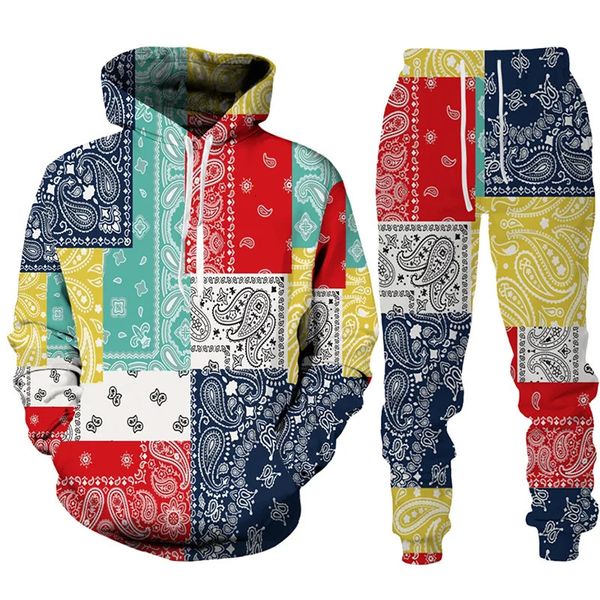 Fatos de treino masculinos vintage paisley floral impressão hoodies / conjuntos casal agasalho 2 peças roupas casuais esportes terno hip hop streetwear roupas 231117