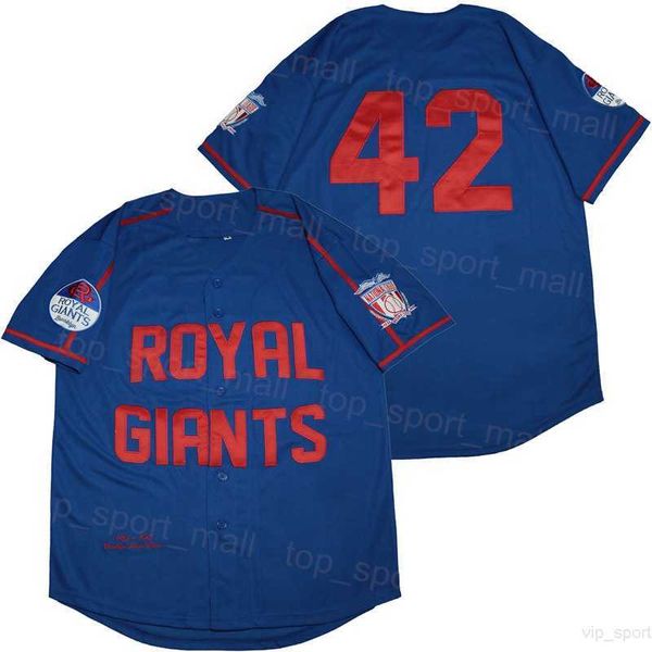 Moive Baseball 42 ROYAL GIANTS Maglie BUTTON DOWN REVISIONATO Università Puro cotone College Traspirante Cooperstown Cool Base Ricamo vintage Blu Team Retire