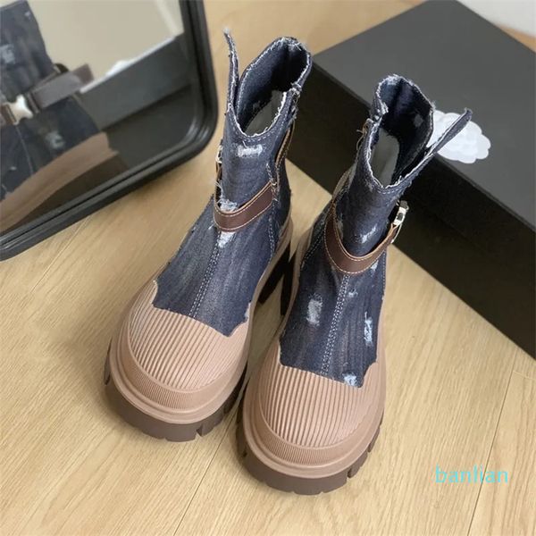 Designer Mulheres Denim Azul Canvas Ankle Boot Sapatos Altos Plataforma Salto Couro Inverno Outono Equitação Cowboy Booties