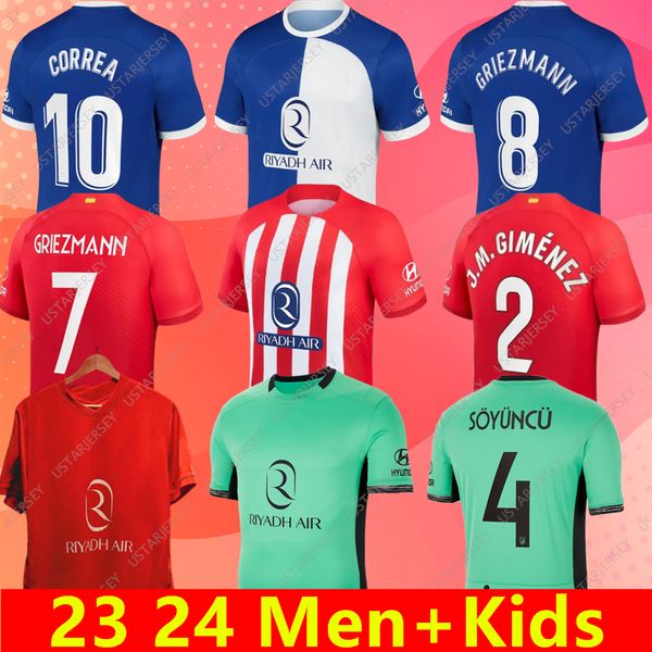 Camisas de futebol MEMPHIS 22 2023 2024 casa fora M. LLORENTE Correa camiseta camisas de futebol homens crianças GRIEZMANN R. CARRASCO DE PAUL Atlético de Madrid 120º aniversário