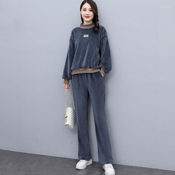 Pantaloni a due pezzi da donna 2023 Autunno Inverno Moda Abiti di velluto Colletto alla coreana Lettera Pullover Tute Donna Due pezzi Casual