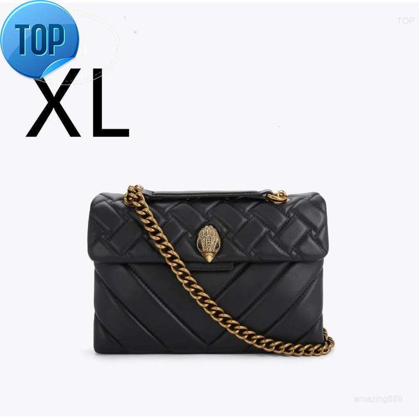 Kurt Geiger London Kensington Bolsas médias de couro real luxuosas correntes pretas douradas/prateadas bolsa de ombro bolsa de corpo cruzado e bagk6