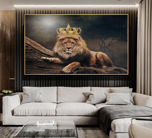 Rei leão com coroa imperial imagem animal pintura em tela arte da parede para sala de estar decoração cartazes e impressões 9680926