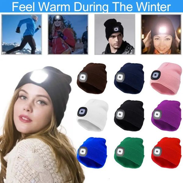 Beanie Skull Caps LED Beanie con luce unisex USB ricaricabile 4 fari cappello lavorato a maglia torcia uomo berretto regalo illuminato inverno Nigh I2H7 231117