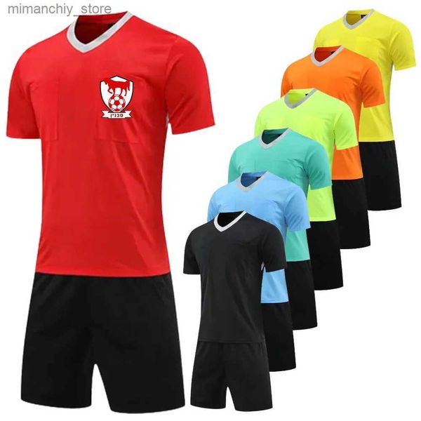 Colecionável Men Reree Soccer Jersey Define Profissional V-Neck Football Reree Uniforme Curto Seve Match Juiz Bolsos Camisa e Shorts Q231118