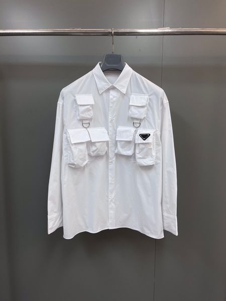 Camisa masculina funcional com vários bolsos, edição limitada, 100% algodão puro, tamanho europeu, 2023