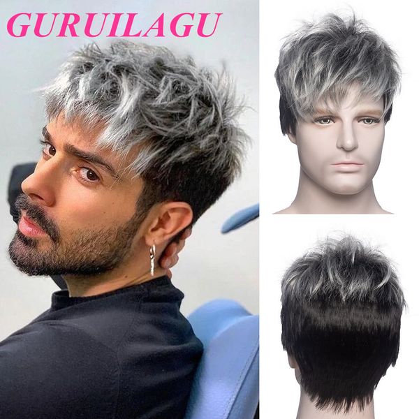 Synthetische Perücken GURUILAGU Kurz für Männer Täglich Cosplay Glattes Haar Grau Schwarz Pixie Cut Mit Pony 230417