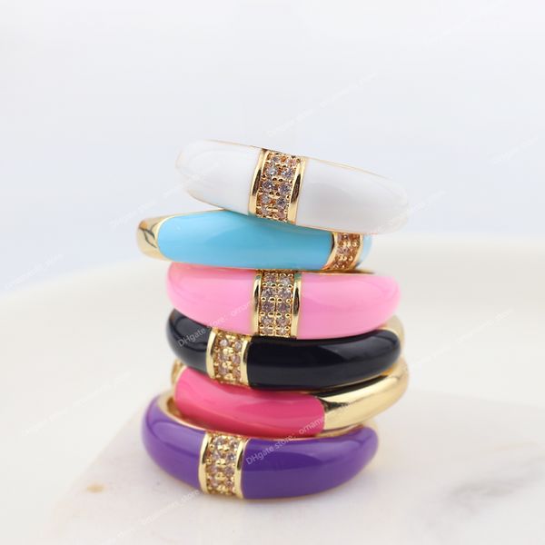 6 colori stile semplice anello smaltato colorato pavimentato con arcobaleno lucido zircone cubico pietra moda sposa anello di fidanzamento per le donne gioielli di modaAnelli gioielli smaltati da donna