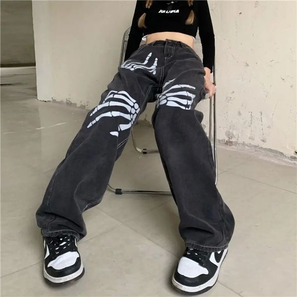 Jeans femininos americano rua cintura alta magro feminino y2k lavagem impressão design sentido nicho reto pendurado calças largas ins 231117