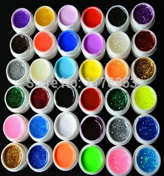 Whole36 Pcs Mix Color Pure Glitter Hexagon Sheet UV Builder Nail Gel para Nail Art Tip Set6353579