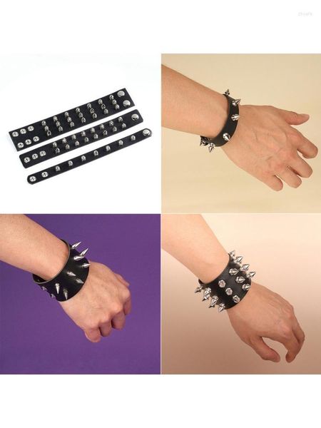 Braccialetti con ciondoli Bracciale punk per uomo donna - Polsino in pelle nera gotica con borchie in metallo - Rivetti regolabili