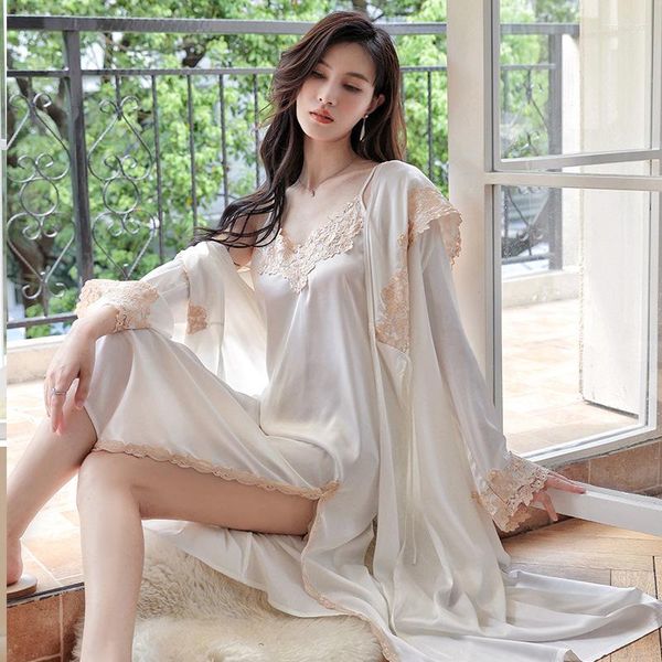 Moda -sono feminina V LACE LACE LAÇO LONGO LONGO Nightwear Robe Solid Color Sling Sexy Silk Casual Nightgown Sleep Sets Homewear