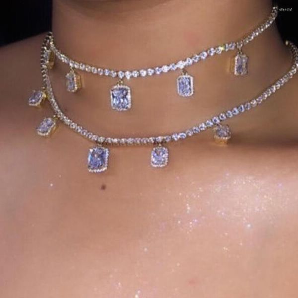 Correntes moda de luxo de luxo Crystal Square Charklace Women Women Gold Silver Color Silt Rhinestone Tennis Chain Wedding Jewelry