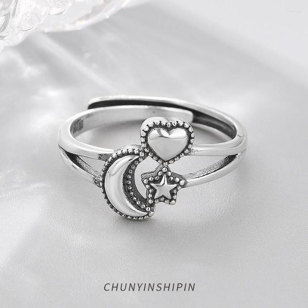 Cluster-Ringe Retro-Herz-Mond-Stern-Ring-Stil Seelenschmuck Guter Jewerly für Frauen 2023 Geschenk in 925er Sterlingsilber Superangebote