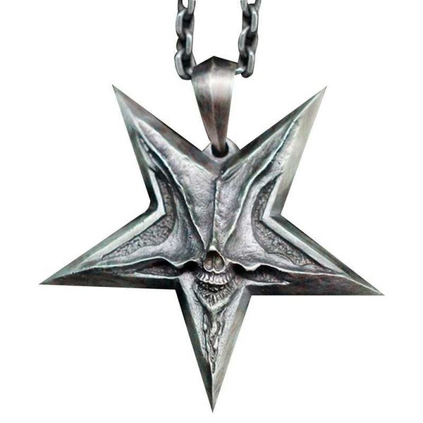 Anhänger Halsketten Herren Satanic Satan Invertierte Pentagramm Halsketten Baphomet Schmuck Dämon Chaos Stern Schädel Anhänger Antike Silberfarbe Z0417