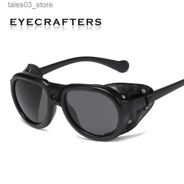 Sonnenbrille 2020 Mode Männer Steampunk Metall Gothic Brille Sonnenbrille Frauen Retro Mode Leder Mit Side Shades Runde Sonnenbrille Q231118
