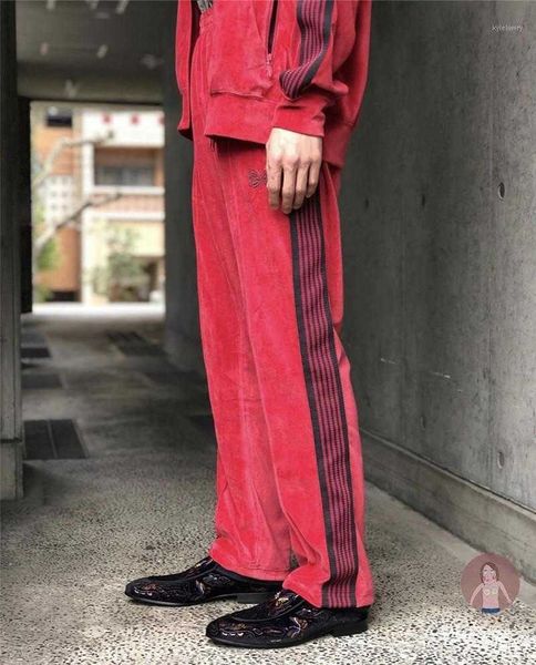 Pantaloni da uomo Red Velvet Awge Needles Pantaloni della tuta Uomo Donna 1 1 Pantalone da jogging a righe con ricamo a farfalla di qualità 8MZO OSZO