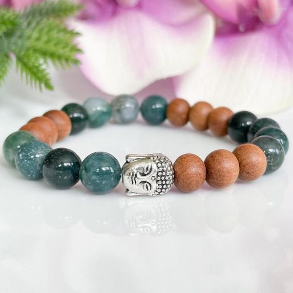 Pulseiras de link MG1793 8 mm Moss AGate Sandalwood Bracelet Buda Cabeça Cristais de Cura de Cura para Abundância