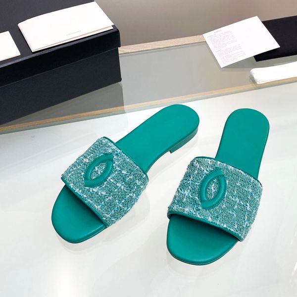 Saltos de saltos planos de tecidos Slippers Designer Slip em sandálias com slides de corrente Lake azul retrô preto mulas senhoras Ladies ao ar livre calçados casuais luxuris