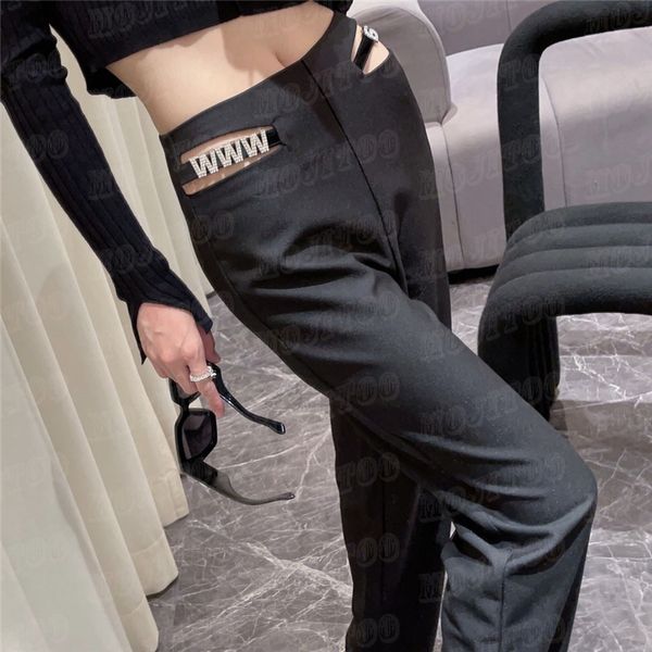 Calças femininas de grife cintura oca letras com strass calças compridas moda sexy para mulheres