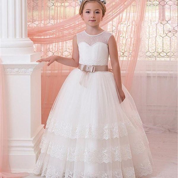 Mädchenkleider Blumenkleid Kristallspitze Illusionsausschnitt Bluse mit glitzernden Tüllunterteilen Rücken Brautjungfer Kinderkleid Kommunion