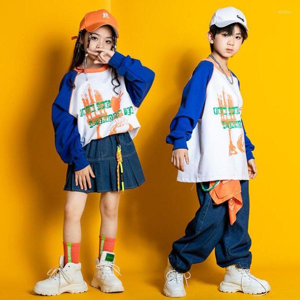 Bühnenkleidung Kinder Teenager Street Hip Hop Kleidung Blaues Hemd Tops Jogger Hosen Rock Für Mädchen Jungen Jazz Dance Kostüme Cheerleader Kleidung