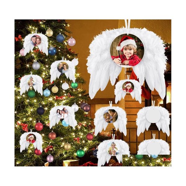 Decorazioni natalizie Ali d'angelo bianche Ornamento Appeso Decorazioni di piume con sublimazione Pendenti in MDF vuoti per l'artigianato dell'albero Drop Deli Dhaab