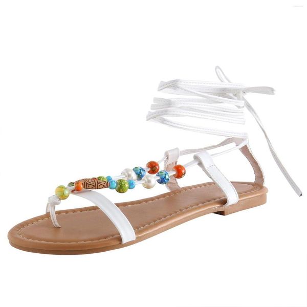 Sandali da donna estate decorazione con perline spiaggia stringata casual punta aperta piatto fondo morbido scarpe traspiranti H per pelle di serpente