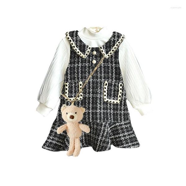 Set di abbigliamento da 2 a 7 anni Gilet per ragazze e t-shirt bianca 2 pezzi Abiti neri eleganti pied de poule Moda Abbigliamento per bambini Abiti