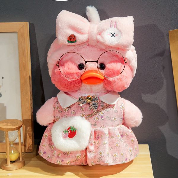 Peluş Bebekler 30cm Pembe Ördek Sarı Lalafanfan Cafe Kız Oyuncak Sevimli Kawaii Bebek Gözlük Giysileri Oyuncaklar Hediye 230418