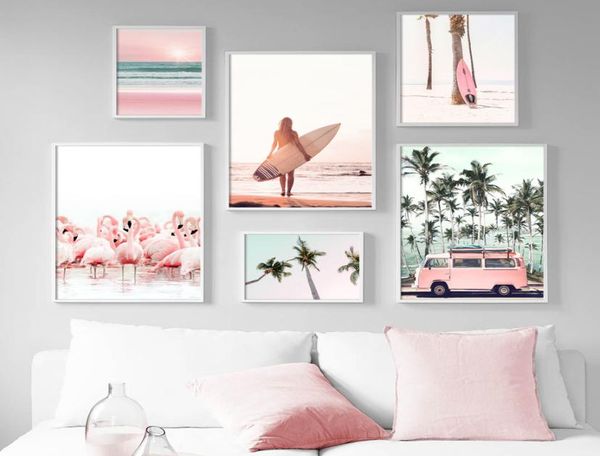 Rosa Strand Flamingo Palme Surfbrett Wand Kunst Leinwand Malerei Nordic Poster Und Drucke Wand Bilder Für Wohnzimmer Decor4840253